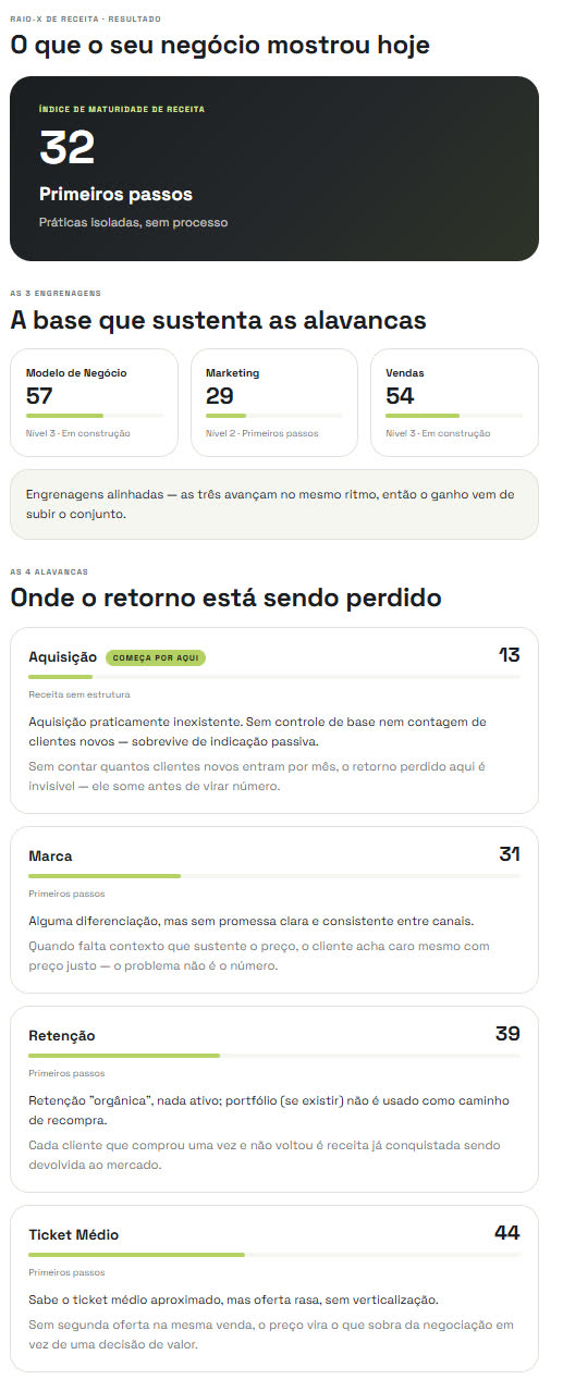 Resultado do Raio-X de Receita, com índice de maturidade e as quatro alavancas